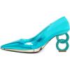 imageFSJ Women Classic Gold Chain Chunky Heel Pumps Pointed Toe Slip On High Heel Ladies Office Fashion Comfy Evening Shoes Size 416 USTurquoise Blue