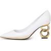 imageFSJ Women Classic Gold Chain Chunky Heel Pumps Pointed Toe Slip On High Heel Ladies Office Fashion Comfy Evening Shoes Size 416 USWhite