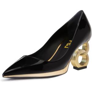 imageFSJ Women Classic Gold Chain Chunky Heel Pumps Pointed Toe Slip On High Heel Ladies Office Fashion Comfy Evening Shoes Size 416 USBlack