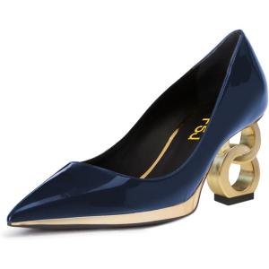 imageFSJ Women Classic Gold Chain Chunky Heel Pumps Pointed Toe Slip On High Heel Ladies Office Fashion Comfy Evening Shoes Size 416 USBlue