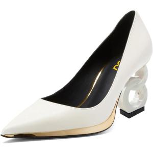 imageFSJ Women Classic Gold Chain Chunky Heel Pumps Pointed Toe Slip On High Heel Ladies Office Fashion Comfy Evening Shoes Size 416 USCreamy White
