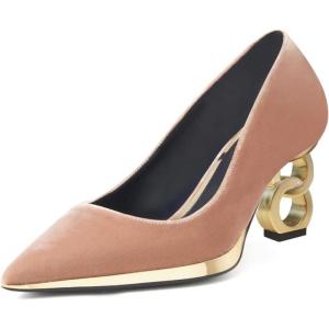 imageFSJ Women Classic Gold Chain Chunky Heel Pumps Pointed Toe Slip On High Heel Ladies Office Fashion Comfy Evening Shoes Size 416 USFlesh Pink Velvet