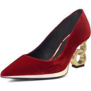 imageFSJ Women Classic Gold Chain Chunky Heel Pumps Pointed Toe Slip On High Heel Ladies Office Fashion Comfy Evening Shoes Size 416 USRed Velvet