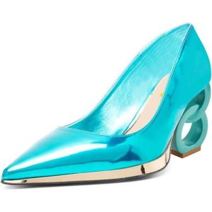 imageFSJ Women Classic Gold Chain Chunky Heel Pumps Pointed Toe Slip On High Heel Ladies Office Fashion Comfy Evening Shoes Size 416 USTurquoise Blue