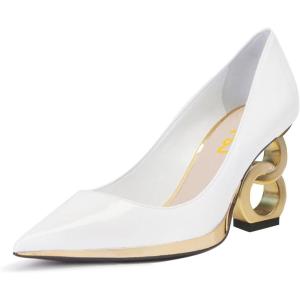 imageFSJ Women Classic Gold Chain Chunky Heel Pumps Pointed Toe Slip On High Heel Ladies Office Fashion Comfy Evening Shoes Size 416 USWhite