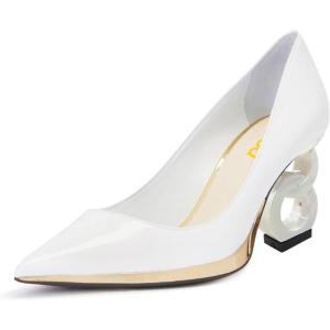 imageFSJ Women Classic Gold Chain Chunky Heel Pumps Pointed Toe Slip On High Heel Ladies Office Fashion Comfy Evening Shoes Size 416 USWhite Heel