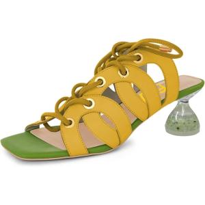 imageFSJ Women Classic Open Toe Special Kitten Low Heel Sandals Lace Up Cutout Summer Dress Casual Slide Mules Size 415 USYellow