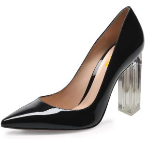 imageFSJ Women Clear High Heel Closed Pointed Toe Pumps Elegant Slip On Chunky Block Heel Ladies Bridal Wedding Party Dress Shoes Size 415 USBlack