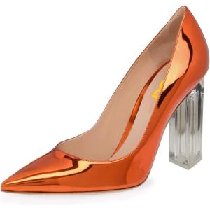 imageFSJ Women Clear High Heel Closed Pointed Toe Pumps Elegant Slip On Chunky Block Heel Ladies Bridal Wedding Party Dress Shoes Size 415 USOrange