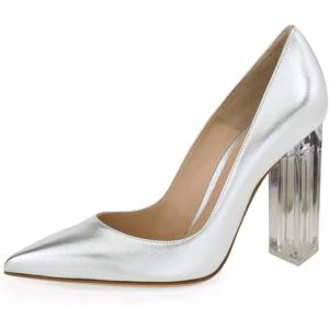 imageFSJ Women Clear High Heel Closed Pointed Toe Pumps Elegant Slip On Chunky Block Heel Ladies Bridal Wedding Party Dress Shoes Size 415 USSilver