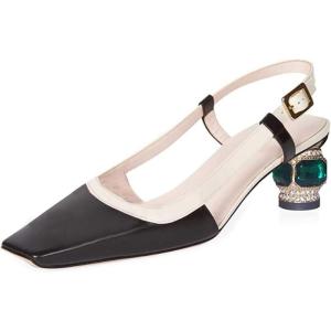 imageFSJ Women Fashion Square Toe Pumps Rhinestones Chunky Low Heel Cutout Slingback Sandals Shoes Size 415 USBlack