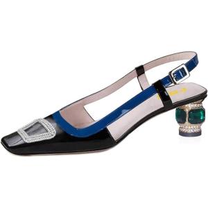 imageFSJ Women Fashion Square Toe Pumps Rhinestones Chunky Low Heel Cutout Slingback Sandals Shoes Size 415 USBlack Blue 1