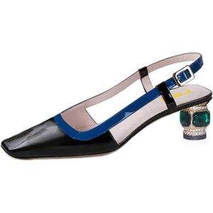 imageFSJ Women Fashion Square Toe Pumps Rhinestones Chunky Low Heel Cutout Slingback Sandals Shoes Size 415 USBlack Blue