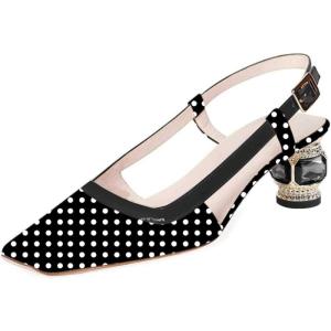 imageFSJ Women Fashion Square Toe Pumps Rhinestones Chunky Low Heel Cutout Slingback Sandals Shoes Size 415 USBlack Polka Dot