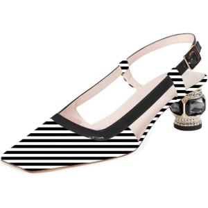 imageFSJ Women Fashion Square Toe Pumps Rhinestones Chunky Low Heel Cutout Slingback Sandals Shoes Size 415 USBlack Stripe