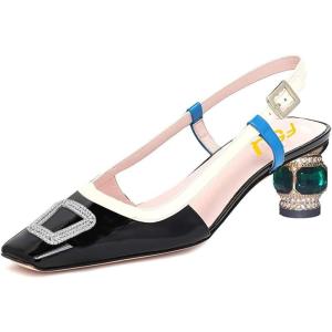 imageFSJ Women Fashion Square Toe Pumps Rhinestones Chunky Low Heel Cutout Slingback Sandals Shoes Size 415 USBlack White 1