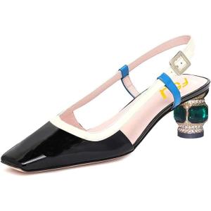 imageFSJ Women Fashion Square Toe Pumps Rhinestones Chunky Low Heel Cutout Slingback Sandals Shoes Size 415 USBlack White