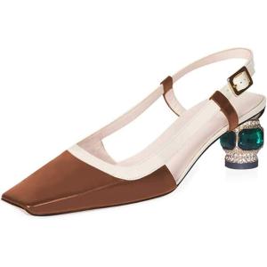 imageFSJ Women Fashion Square Toe Pumps Rhinestones Chunky Low Heel Cutout Slingback Sandals Shoes Size 415 USBrown
