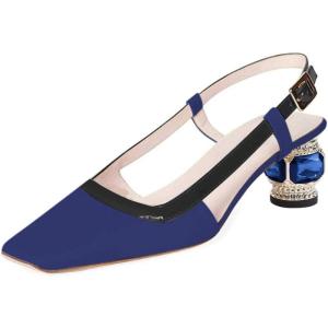 imageFSJ Women Fashion Square Toe Pumps Rhinestones Chunky Low Heel Cutout Slingback Sandals Shoes Size 415 USDark Blue