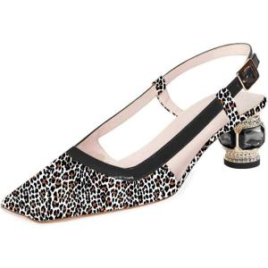 imageFSJ Women Fashion Square Toe Pumps Rhinestones Chunky Low Heel Cutout Slingback Sandals Shoes Size 415 USLeopart