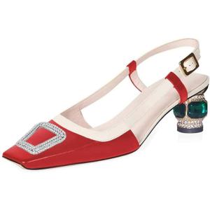 imageFSJ Women Fashion Square Toe Pumps Rhinestones Chunky Low Heel Cutout Slingback Sandals Shoes Size 415 USRed 1