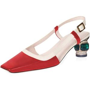 imageFSJ Women Fashion Square Toe Pumps Rhinestones Chunky Low Heel Cutout Slingback Sandals Shoes Size 415 USRed