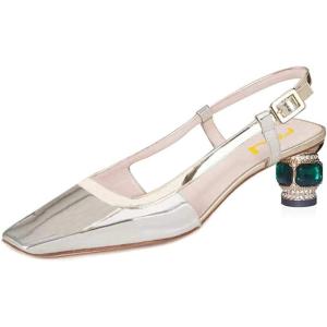 imageFSJ Women Fashion Square Toe Pumps Rhinestones Chunky Low Heel Cutout Slingback Sandals Shoes Size 415 USSilver