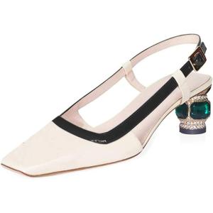 imageFSJ Women Fashion Square Toe Pumps Rhinestones Chunky Low Heel Cutout Slingback Sandals Shoes Size 415 USWhite