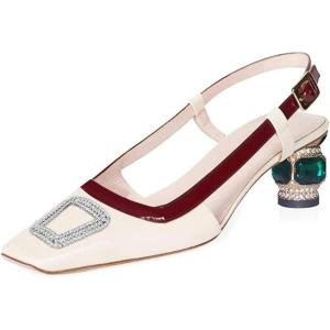imageFSJ Women Fashion Square Toe Pumps Rhinestones Chunky Low Heel Cutout Slingback Sandals Shoes Size 415 USWine Red 1