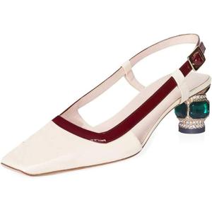 imageFSJ Women Fashion Square Toe Pumps Rhinestones Chunky Low Heel Cutout Slingback Sandals Shoes Size 415 USWine Red