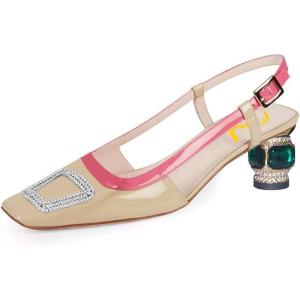 imageFSJ Women Fashion Square Toe Pumps Rhinestones Chunky Low Heel Cutout Slingback Sandals Shoes Size 415 USWine Wheat 1
