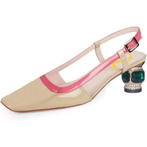imageFSJ Women Fashion Square Toe Pumps Rhinestones Chunky Low Heel Cutout Slingback Sandals Shoes Size 415 USWine Wheat
