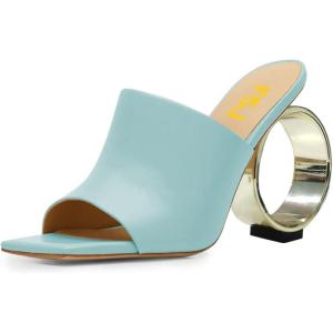 imageFSJ Women Square Open Toe Circle High Heel Mules Wide Band Summer Slip On Sexy Dress Party Backless Slide Sandals Size 415 USTurquoise