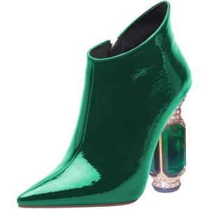 imageFSJ Women Trendy Ankle Boots Pointed Toe Comfy Chunky High Heel Sparkly Crystal Side Zipper Booties Wedding Party Shoes Size 416 USGreen