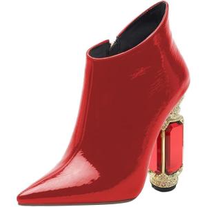 imageFSJ Women Trendy Ankle Boots Pointed Toe Comfy Chunky High Heel Sparkly Crystal Side Zipper Booties Wedding Party Shoes Size 416 USRed