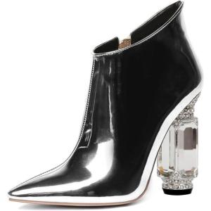 imageFSJ Women Trendy Ankle Boots Pointed Toe Comfy Chunky High Heel Sparkly Crystal Side Zipper Booties Wedding Party Shoes Size 416 USSilver Metallic Leather
