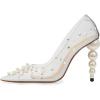 imageFSJ Women Sexy Pearls Transparent Pointed Toe Pumps High Heel with Pearls Slip On Formal Party Dress Wedding Shoes Size 415 USWhite