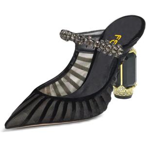 imageFSJ Women Crystal Chunky Heeled Mules Wedding Sandals Rhinestone Strappy Pumps Pointed Toe Fashion Slippers Slip On Bridal Shoes Size 415 USBlack Mesh