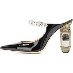 imageFSJ Women Crystal Chunky Heeled Mules Wedding Sandals Rhinestone Strappy Pumps Pointed Toe Fashion Slippers Slip On Bridal Shoes Size 415 USBlack White