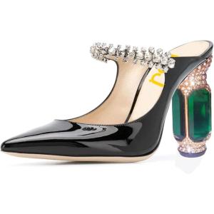 imageFSJ Women Crystal Chunky Heeled Mules Wedding Sandals Rhinestone Strappy Pumps Pointed Toe Fashion Slippers Slip On Bridal Shoes Size 415 USBlackGreen
