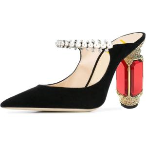 imageFSJ Women Crystal Chunky Heeled Mules Wedding Sandals Rhinestone Strappy Pumps Pointed Toe Fashion Slippers Slip On Bridal Shoes Size 415 USBlackRed