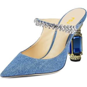imageFSJ Women Crystal Chunky Heeled Mules Wedding Sandals Rhinestone Strappy Pumps Pointed Toe Fashion Slippers Slip On Bridal Shoes Size 415 USBlue Denim