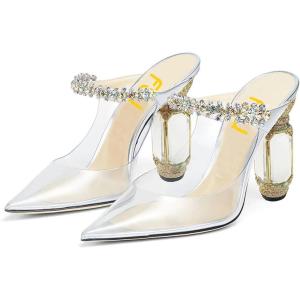 imageFSJ Women Crystal Chunky Heeled Mules Wedding Sandals Rhinestone Strappy Pumps Pointed Toe Fashion Slippers Slip On Bridal Shoes Size 415 USClear
