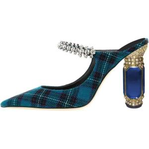 imageFSJ Women Crystal Chunky Heeled Mules Wedding Sandals Rhinestone Strappy Pumps Pointed Toe Fashion Slippers Slip On Bridal Shoes Size 415 USCyan Plaid