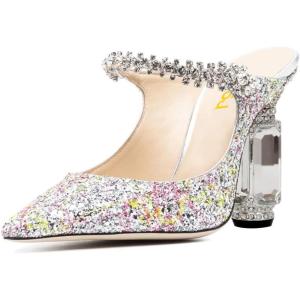 imageFSJ Women Crystal Chunky Heeled Mules Wedding Sandals Rhinestone Strappy Pumps Pointed Toe Fashion Slippers Slip On Bridal Shoes Size 415 USGlitter