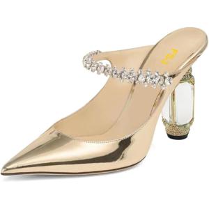 imageFSJ Women Crystal Chunky Heeled Mules Wedding Sandals Rhinestone Strappy Pumps Pointed Toe Fashion Slippers Slip On Bridal Shoes Size 415 USGold