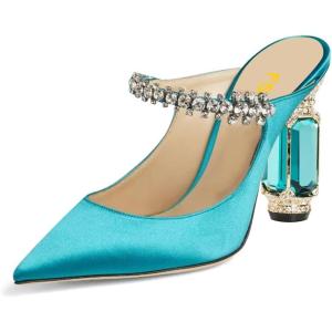 imageFSJ Women Crystal Chunky Heeled Mules Wedding Sandals Rhinestone Strappy Pumps Pointed Toe Fashion Slippers Slip On Bridal Shoes Size 415 USLake Blue