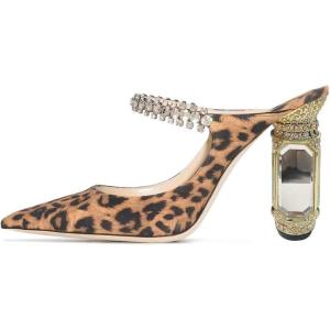 imageFSJ Women Crystal Chunky Heeled Mules Wedding Sandals Rhinestone Strappy Pumps Pointed Toe Fashion Slippers Slip On Bridal Shoes Size 415 USLeopard