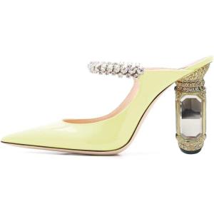 imageFSJ Women Crystal Chunky Heeled Mules Wedding Sandals Rhinestone Strappy Pumps Pointed Toe Fashion Slippers Slip On Bridal Shoes Size 415 USLight Yellow