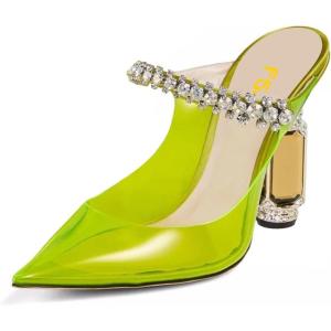 imageFSJ Women Crystal Chunky Heeled Mules Wedding Sandals Rhinestone Strappy Pumps Pointed Toe Fashion Slippers Slip On Bridal Shoes Size 415 USLime Green Clear
